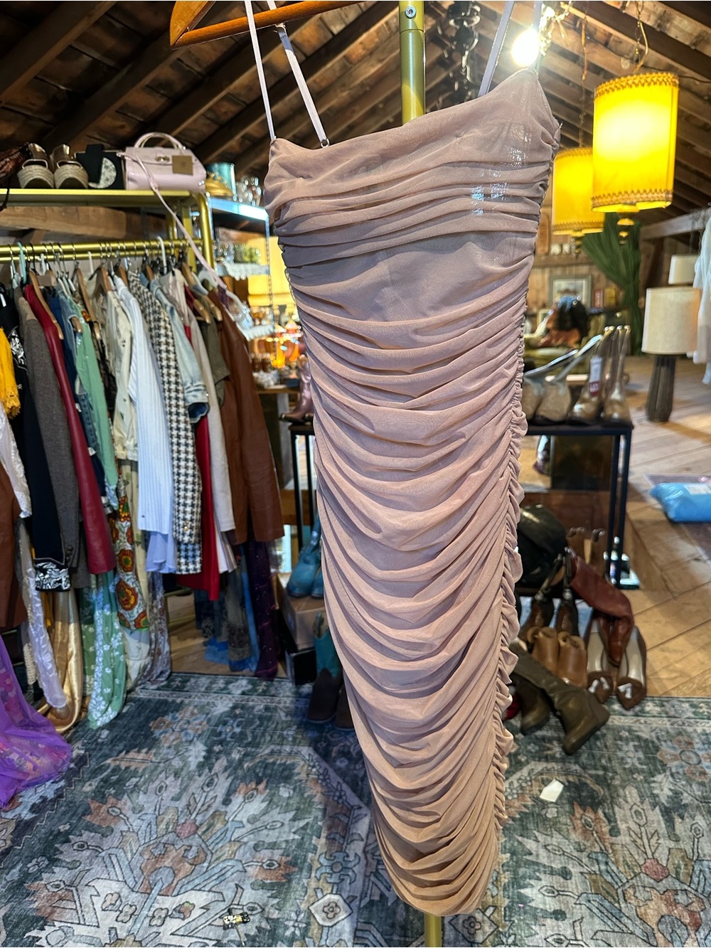 House of CB Mauve Ruched Spaghetti-Strap Midi Dress